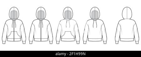 Set of Zip-up Hoody sweatshirt technical fashion illustration with long sleeves, oversized, kangaroo pouch, rib cuff, banded hem. Flat template front, back, white color. Women, men, unisex CAD mockup Stock Vector
