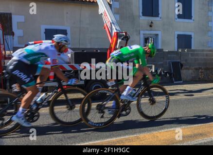 Les Grands Ajoncs; France -September 09; 2020: Blurred image of Sam Bennett in Green Jersey and Peter Sagan riding fast during the stage 11 of Le Tour Stock Photo