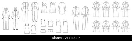 Set of Sleepwear Pajamas overall dresses, pants, bathrobe, chemise, nightshirt technical fashion illustration with full knee mini length. Flat nightwear front, white color. Women men unisex CAD mockup Stock Vector