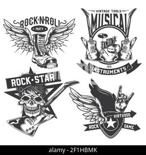 Set of rock elements (skull, boot, drums, wings, guitar, picks) emblems, labels, badges, logos. Isolated on white Stock Vector