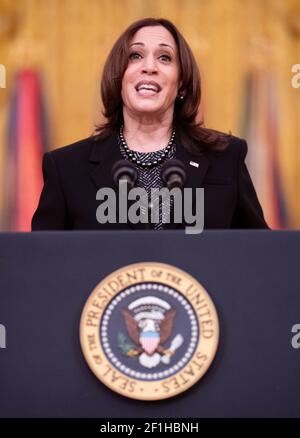 United States Vice President Kamala Harris delivers remarks at US President Joe Biden's Combatant Commander nomination event for, Air Force Gen. Jacqueline Van Ovost and Army Lt. Gen. Laura Richardson in the East Room at the White House in Washington, DC on Monday, March 8, 2021. Ovost, has been nominated to lead the Transportation Command and Richardson, has been nominated to lead military activities in Latin America at Southern Command. Credit: Kevin Dietsch/Pool via CNP /MediaPunch Stock Photo