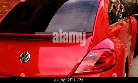 Bright Red Volkswagen Beetle Close Up Stock Photo