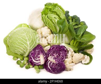 Mix of cabbages on white background: white cabbage, red cabbage, Savoy cabbage, Roman cabbage Stock Photo