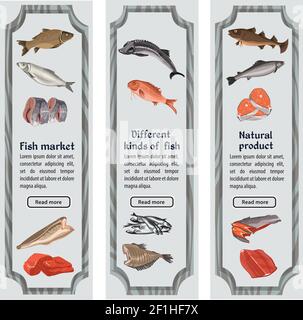 Sketch colored seafood vertical banners with text and different whole fishes parts and pieces vector illustration Stock Vector