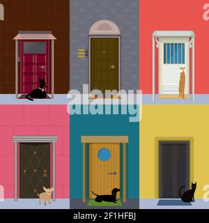Flat colorful building exterior set with various pets sitting in front of elegant doors isolated vector illustration Stock Vector