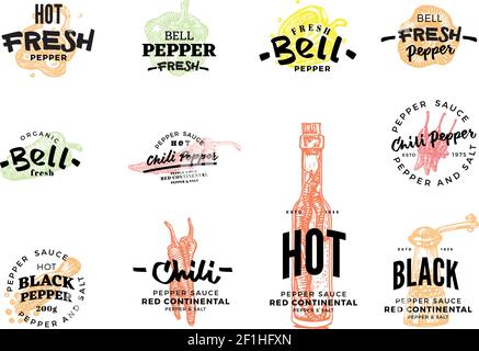 Isolated colored chili pepper logo set with hot fresh pepper bell pepper fresh chilly pepper sauce descriptions vector illustration Stock Vector