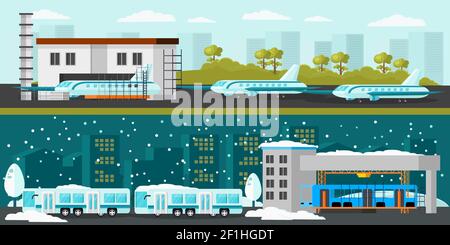 Industrial factory horizontal banners with airplane bus manufacturing at summer and winter time vector illustration Stock Vector