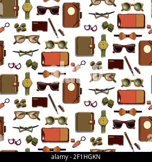 Fashionable hipster accessories seamless pattern with device cases watch cufflinks pen usb flashes glasses bow ties vector illustration Stock Vector