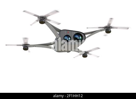 Isolated modern camera drone in flight, front view of the futuristic black  concept 3D illustration Stock Photo