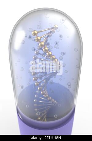 DNA helix inside pill capsules standing 3d illustration Stock Photo