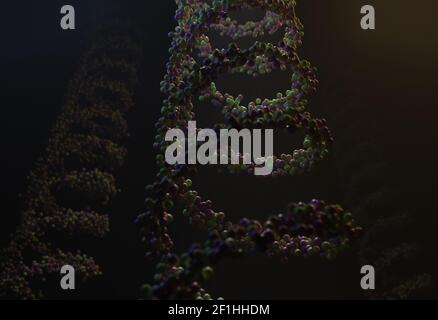 Sequenced pattern of DNA molecule atoms in threads 3d illustration ...