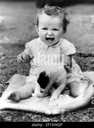 1950 ca , USA : The celebrated american actress MERYL STREEP ( born 22 june 1949 ) when was baby-girl  aged 1 . Unknown photographer .- HISTORY - FOTO STORICHE - ATTORE - MOVIE - CINEMA  - personalità da da giovane giovani - da bambina bambino bambini - personality personalities when was young - CHILDHOOD - INFANZIA - ATTRICE - smile - sorriso - dog cane --- ARCHIVIO GBB Stock Photo