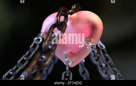 Love concept. Locked red color heart shaped padlock joins metal chain ...