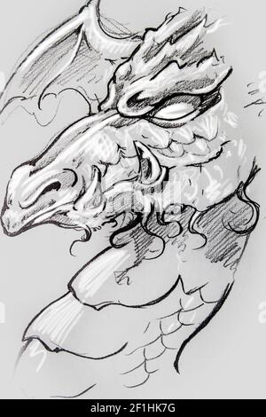 Dragon, Tattoo sketch, handmade design over vintage paper Stock Photo