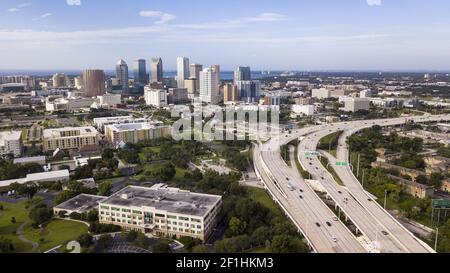 Aerial View Over Interstate Highway Leading to Downtown Tampa Florida Stock Photo