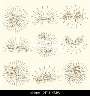 Vintage ribbon banners set with sunbursts and different inscriptions in hand drawn style isolated vector illustration Stock Vector
