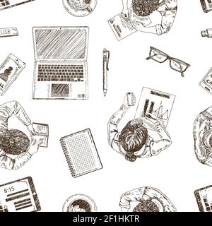 Hand drawn business seamless pattern with workers notebook notes documents pen tablet and  glasses isolated vector illustration Stock Vector