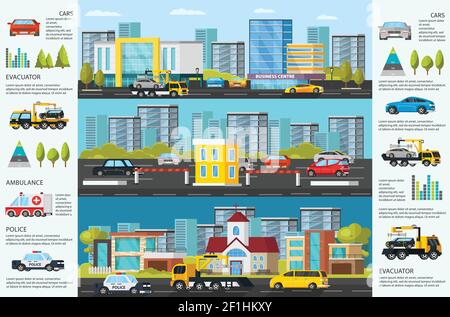Transport evacuation infographic horizontal banners with tow truck lifting and loading automobiles police ambulance cars parking vector illustration Stock Vector