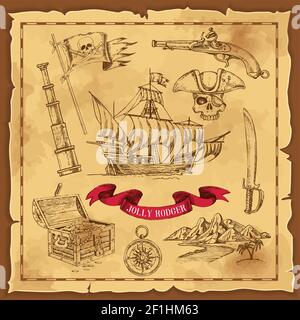 Pirate elements hand drawn concept with treasure chest and weapon on old paper with frame vector illustration Stock Vector