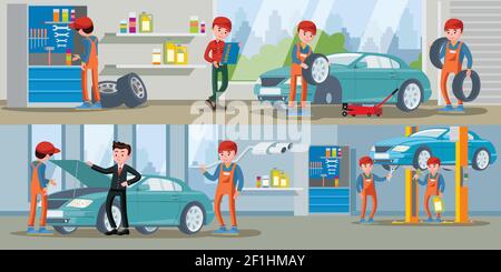 Car service horizontal banners with auto mechanics wheels replacement automobile repair process diagnostic and maintenance vector illustration Stock Vector