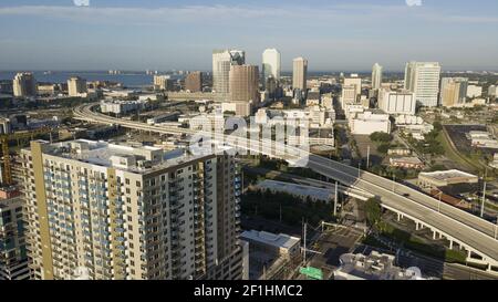 Aerial View Over Interstate Highway Leading to Downtown Tampa Florida Stock Photo