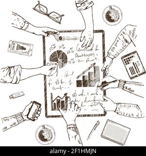 Business planning sketch concept with analysis brainstorming and discussion of new project isolated vector illustration Stock Vector