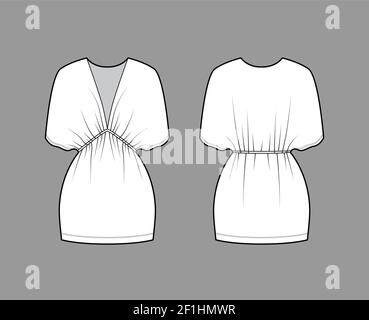 Kaftan dress technical fashion illustration with deep V-neck, batwing  sleeves, oversized, mini length, pencil cut. Flat apparel template front,  back, white color style. Women, unisex CAD mockup Stock Vector Image & Art -