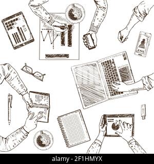 Business teamwork sketch concept with working people different office elements and objects isolated vector illustration Stock Vector