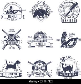 Set of hunting emblems. Hunting weapon, animals and design elements ...