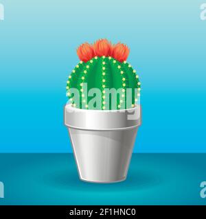 Organic exotic plant concept with blooming sharp cactus in flowerpot on light background isolated vector illustration Stock Vector