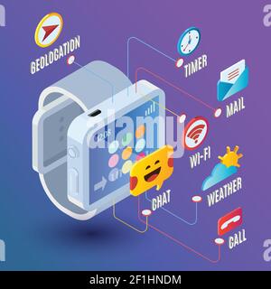 Isometric technology device concept with smartwatch different applications and icons on purple background isolated vector illustration Stock Vector