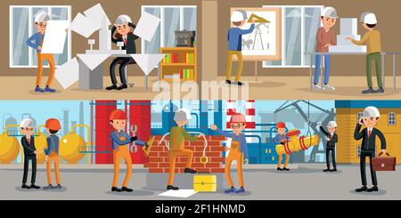 Building people horizontal banners with engineers architects and workers in different situations at office and on construction site vector illustratio Stock Vector