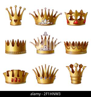 Cartoon royal gold crowns collection of different shapes with gems and jewels isolated vector illustration Stock Vector