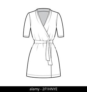 Wrap dress technical fashion illustration with deep V-neck, short sleeves, oversized, mini length, pencil cut, tie. Flat apparel template front, white color style. Women, men unisex CAD mockup Stock Vector