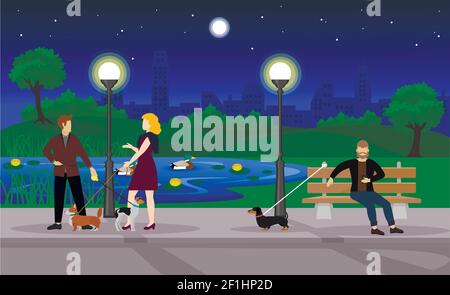 Colorful evening summer park template with people walking dogs pond and plants on cityscape vector illustration Stock Vector