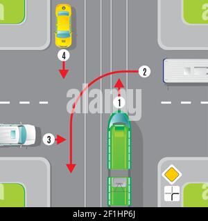Urban traffic top view concept with city transport and priority of movement on intersection vector illustration Stock Vector