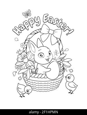 Bunny and chicks with basket full of flowers and eggs. Easter greeting with vector illustration for coloring book page. Stock Vector