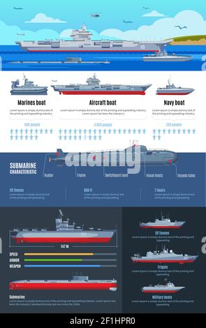 Military fleet infographics with different types of battle ships and characteristics of navy boats vector illustration Stock Vector