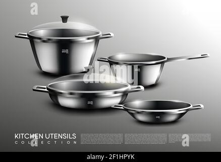 Realistic kitchen cookware set with saucepan pots pan on gray background isolated vector illustration Stock Vector