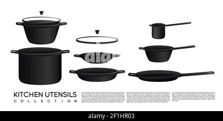 Sketch kitchen utensil collection with different kinds of pans and pots isolated vector illustration Stock Vector