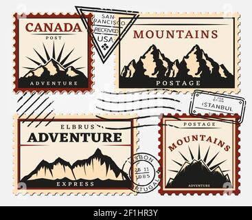 Vintage postage stamps set with mountains and round triangular rectangular postmarks isolated vector illustration Stock Vector
