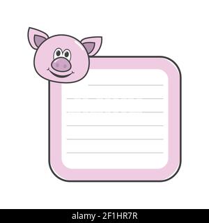 Kids notebook page pig template vector cards piggy, notes, stickers, labels, pink tags paper sheet illustration. Template cover for scrapbooking, wrap Stock Vector