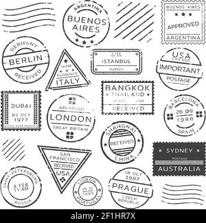 Monochrome retro postage stamps set of various shapes from different countries isolated vector illustration Stock Vector