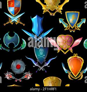 Medieval arms seamless pattern with colorful weapons and shields for game design on dark background vector illustration Stock Vector