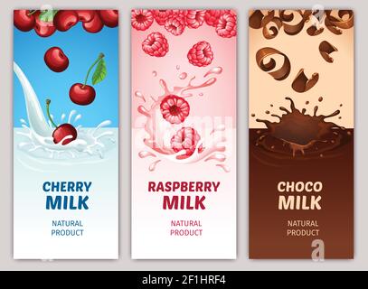 Cartoon dairy products vertical banners with cherry raspberry and chocolate shavings falling into milk splashes vector illustration Stock Vector