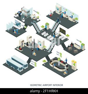 Isometric airport halls composition with people check-in counter terminal customs control departure gates lounge cafe restroom vector illustration Stock Vector