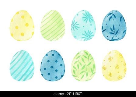 Watercolor set with decorated colored Easter egg Stock Photo