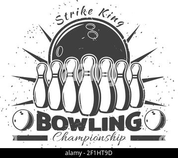 Vintage bowling club template with inscription balls and pins in monochrome style vector illustration Stock Vector