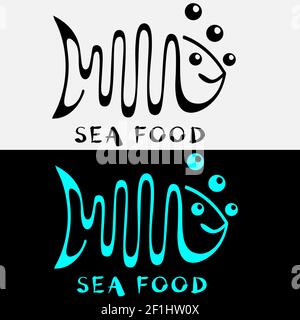 seafood logo with wavy line fish and bubbles 1 Stock Vector