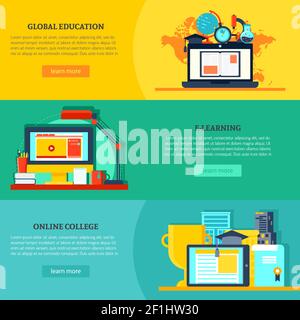 Online education horizontal banners with global virtual learning and training in flat style vector illustration Stock Vector